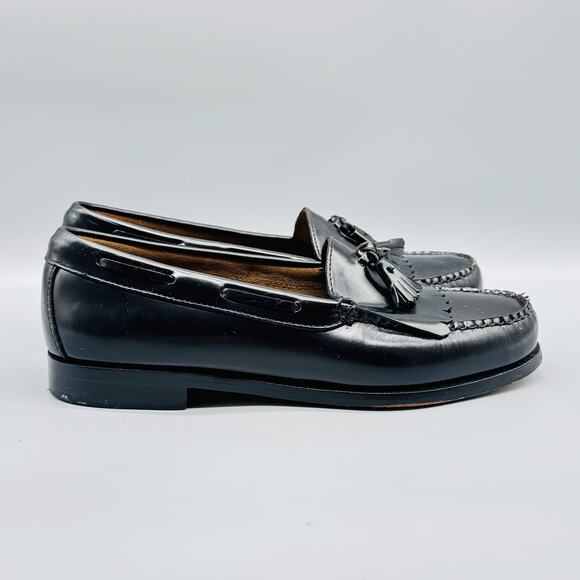 GH Bass & Co Shoes Mens 9.5 Black Leather Loafers Layton Tassel Moc Toe Kiltie - Picture 1 of 12